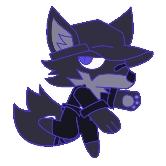 A chibi art piece depicting an anthropomorphic wolf with a blue eye dancing from side to side