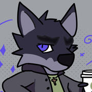 A stylized art piece depicting an anthropomorphic wolf with a blue eye looking towards the camera.